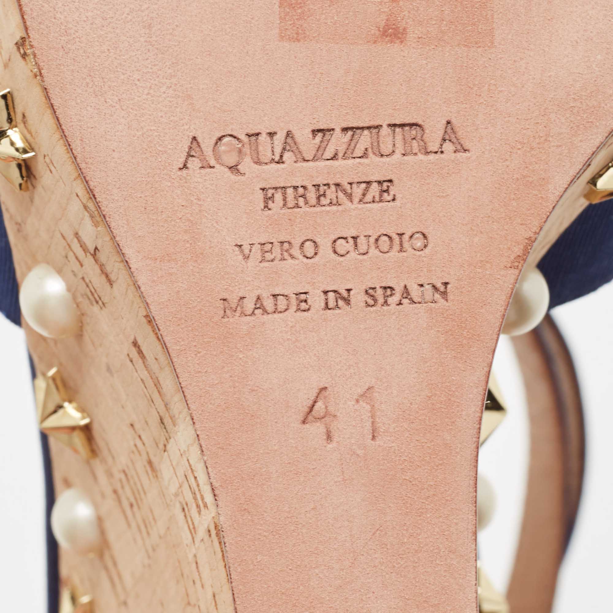 Aquazzura Blue Grosgrain Embellished Harlow Wedge Sandals Size 41