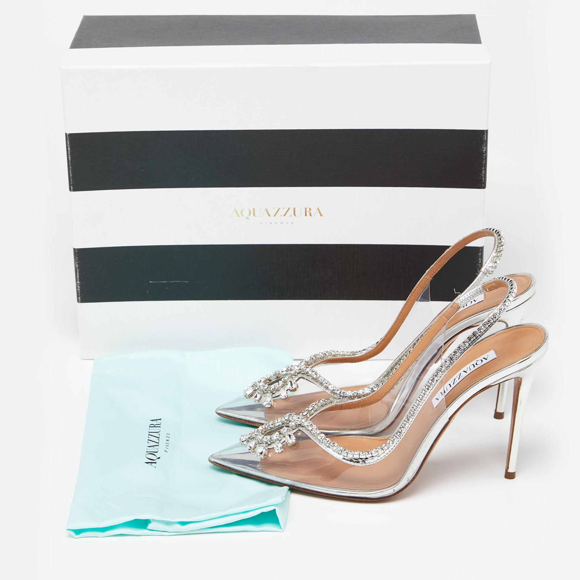 Aquazzura Silver Leather And PVC Crystal Embellished Seduction Slingback Pumps Size 37.5