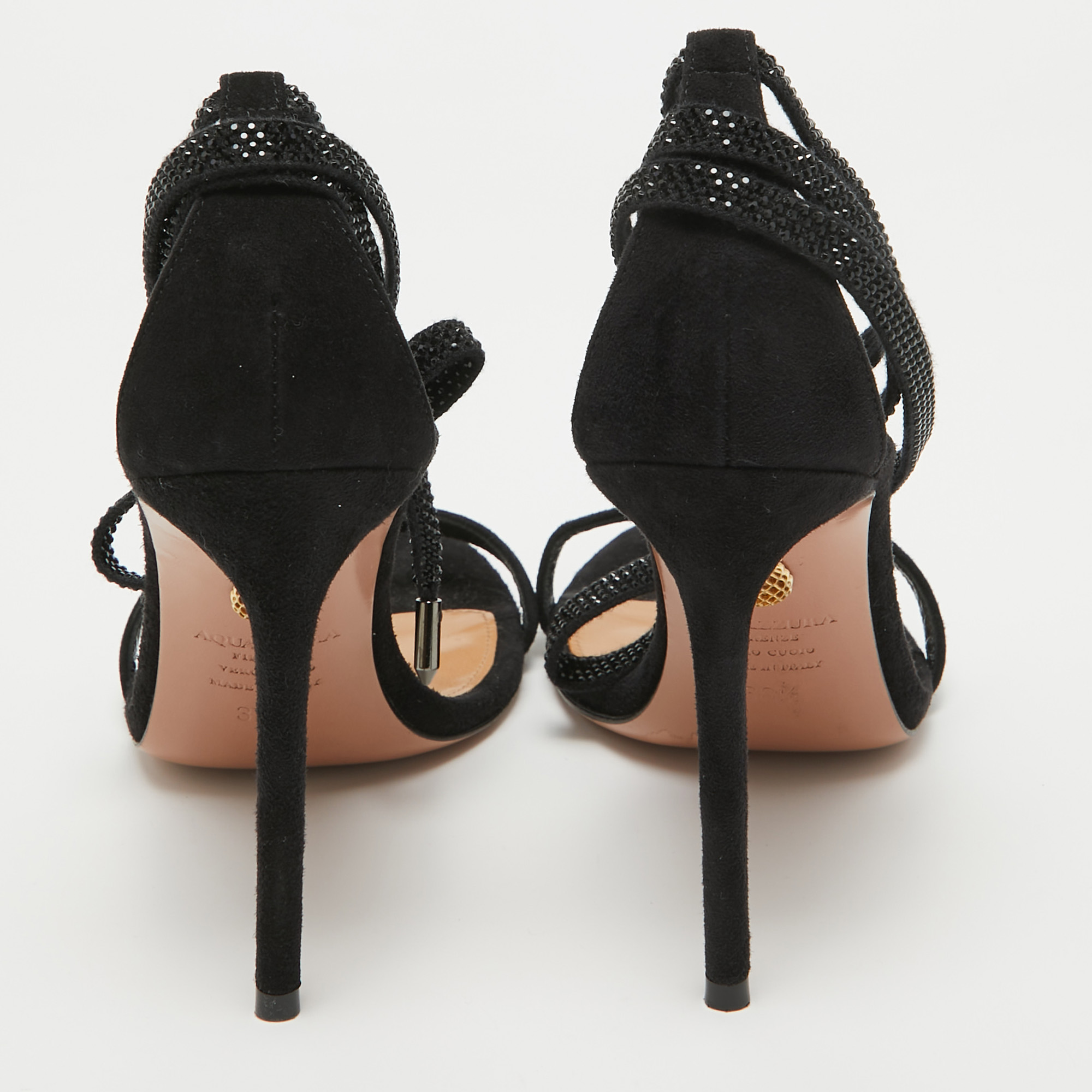 Aquazzura Black Suede Crystal Embellished Ankle Wrap Sandals Size 38.5