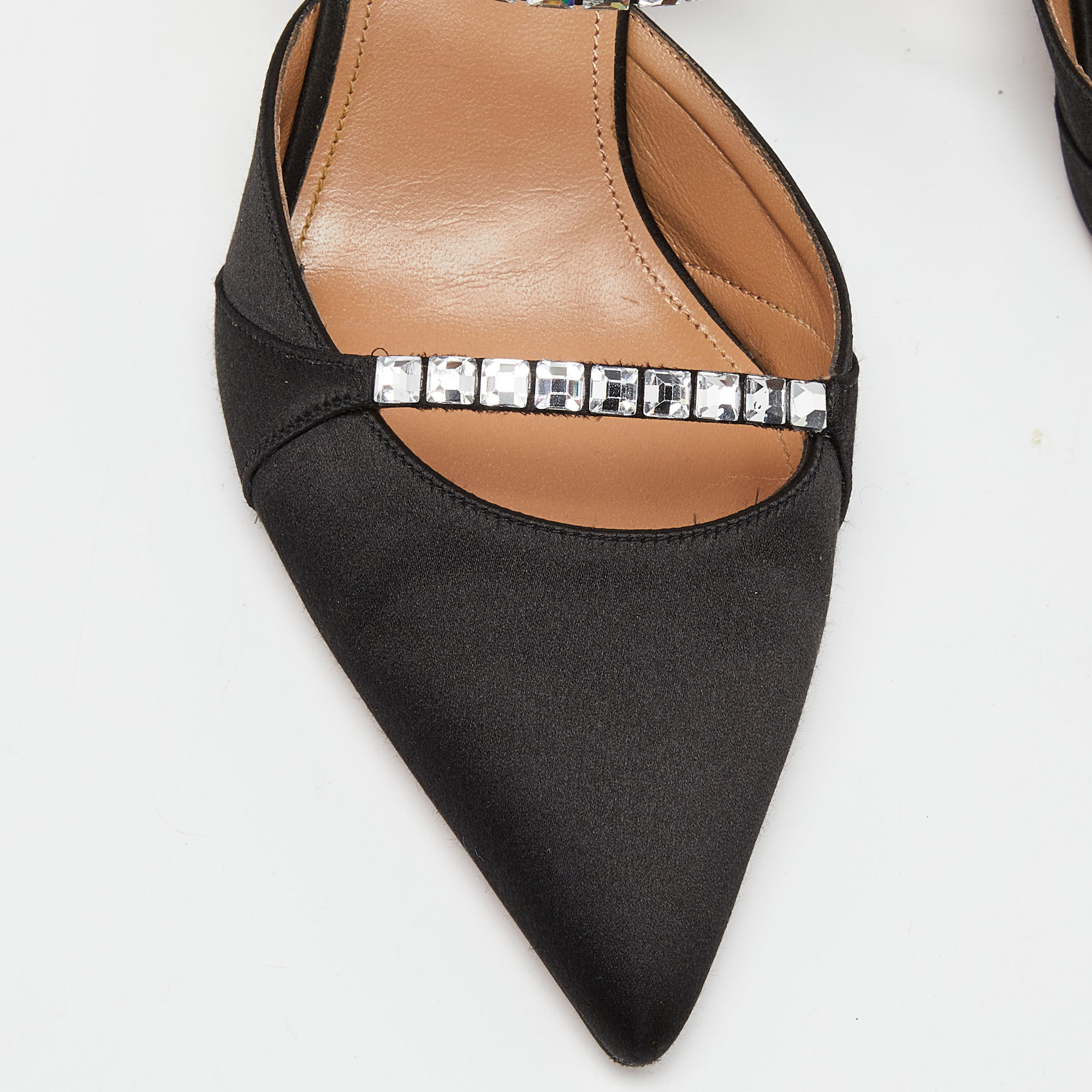 Aquazzura Black Satin Crystal Embellished Mule Sandals Size 36.5