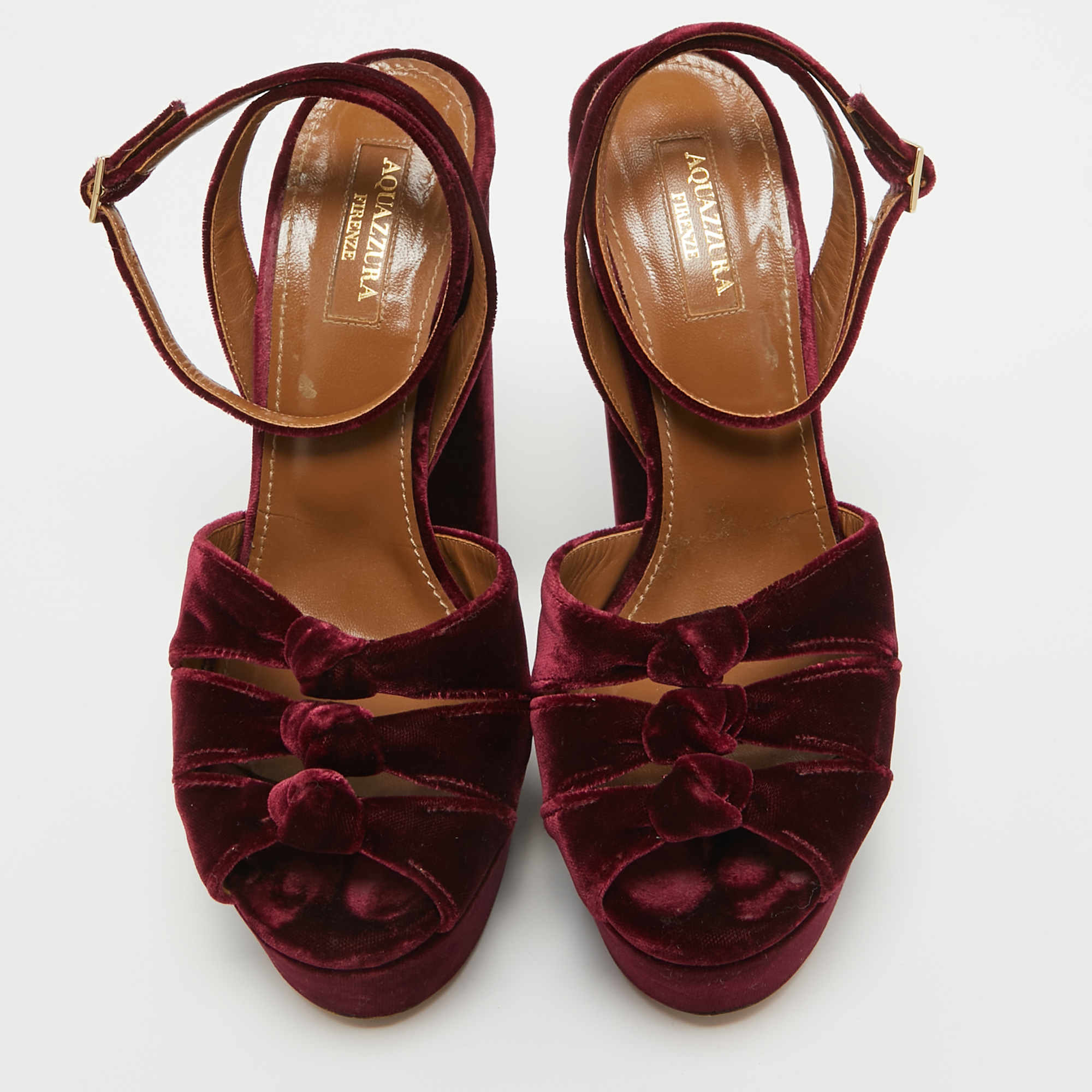 Aquazzura Burgundy Velvet Mira Ankle Straps Sandals Size 37