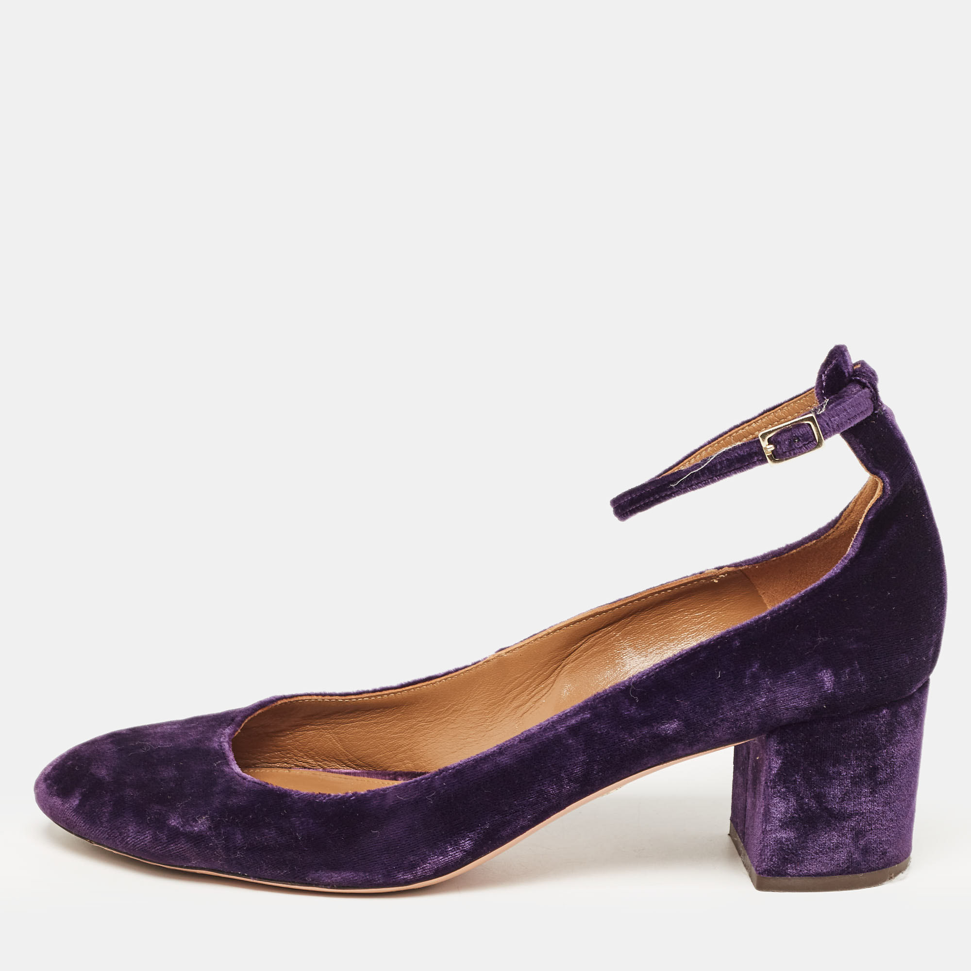 Aquazzura Purple Velvet Block Heel Ankle Strap Pumps Size 40.5