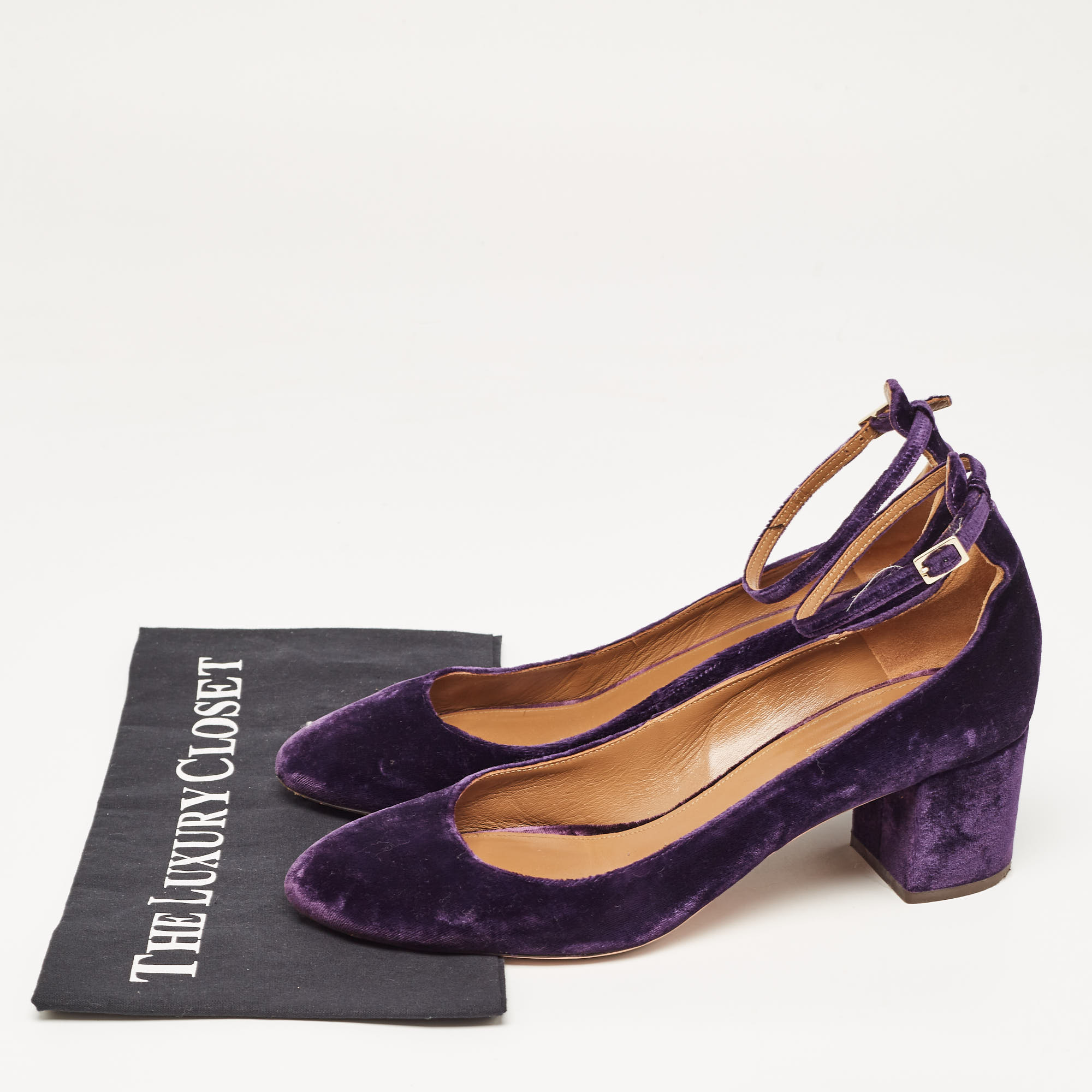 Aquazzura Purple Velvet Block Heel Ankle Strap Pumps Size 40.5