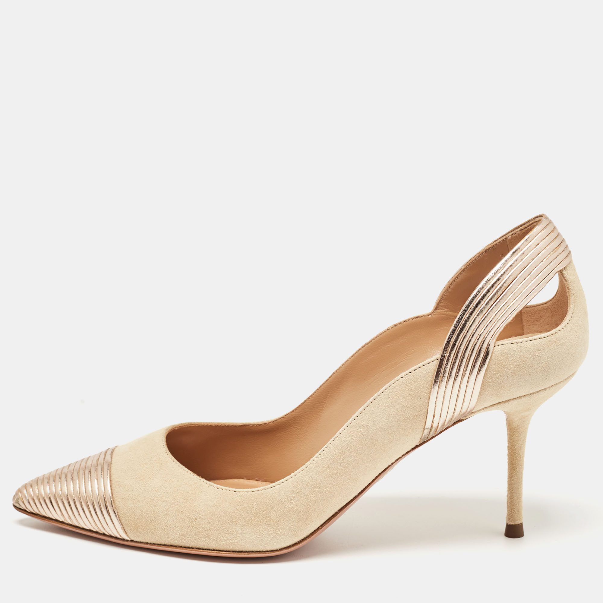 Aquazzura beige/gold leather and suede savoy pumps size 35