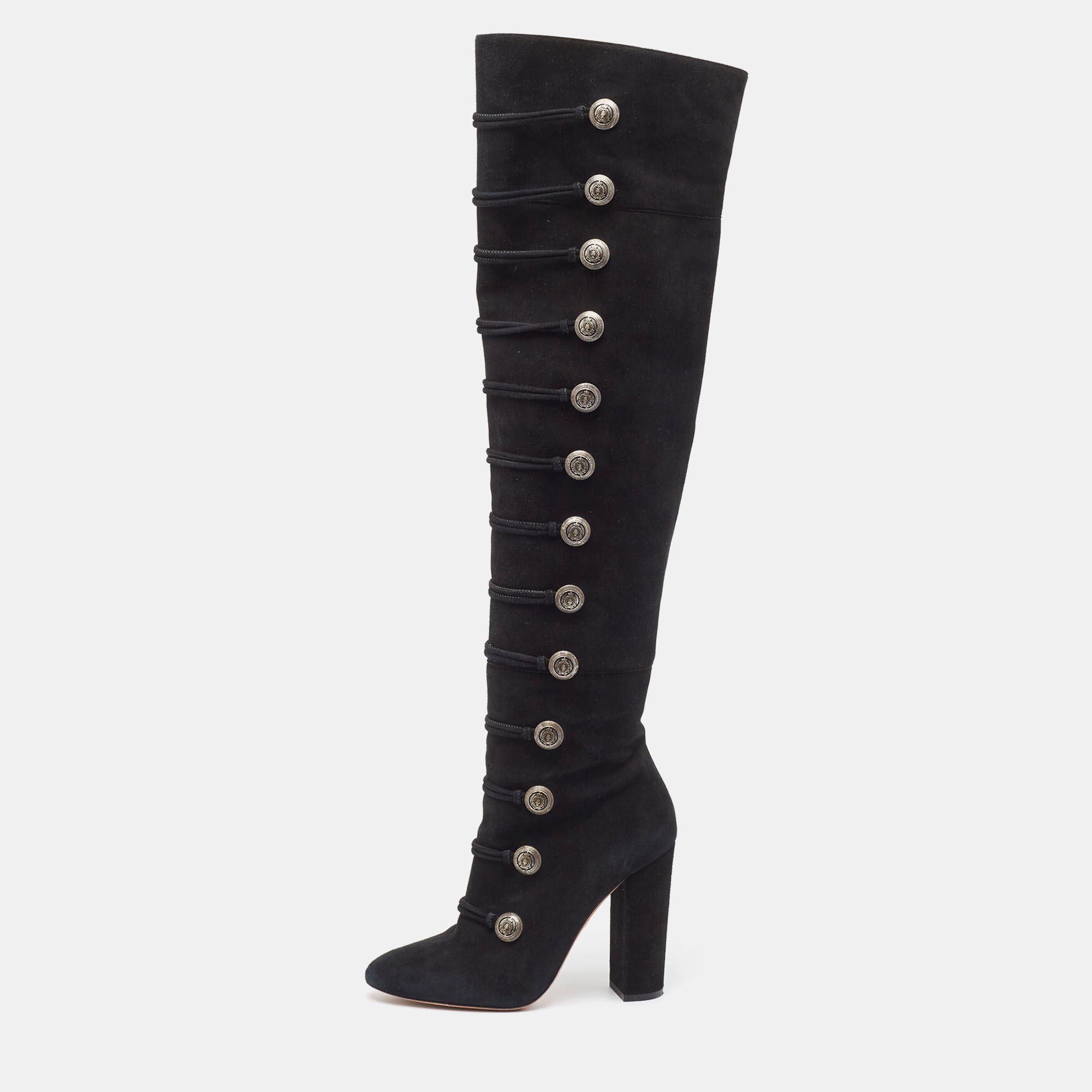 Aquazzura black suede buttons embellished over the knee boots size 39