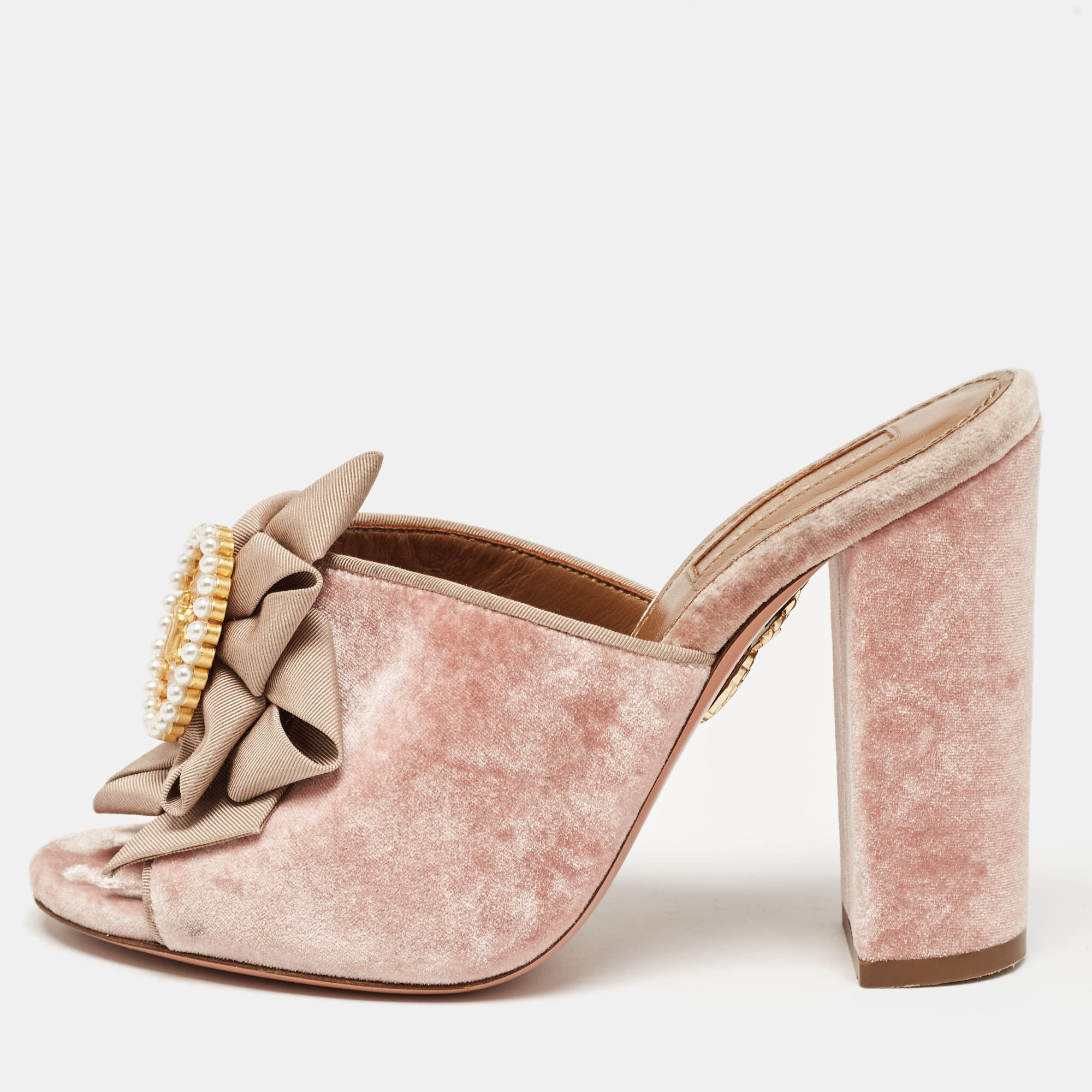 Aquazzura pink velvet and fabric embellished slide sandals size 36