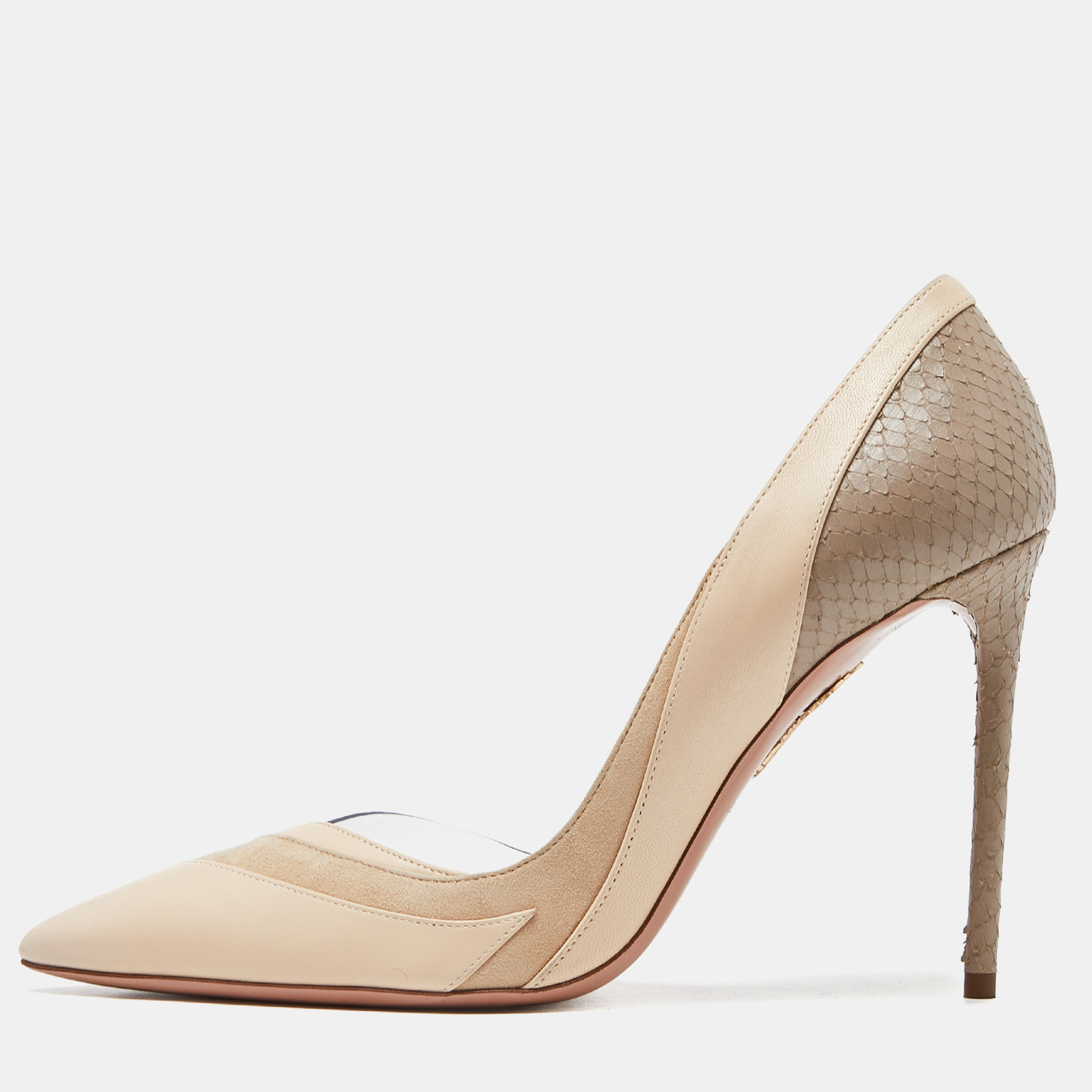 Aquazzura beige suede,leather,embossed snakeskin and pvc pointed toe pumps size 37.5
