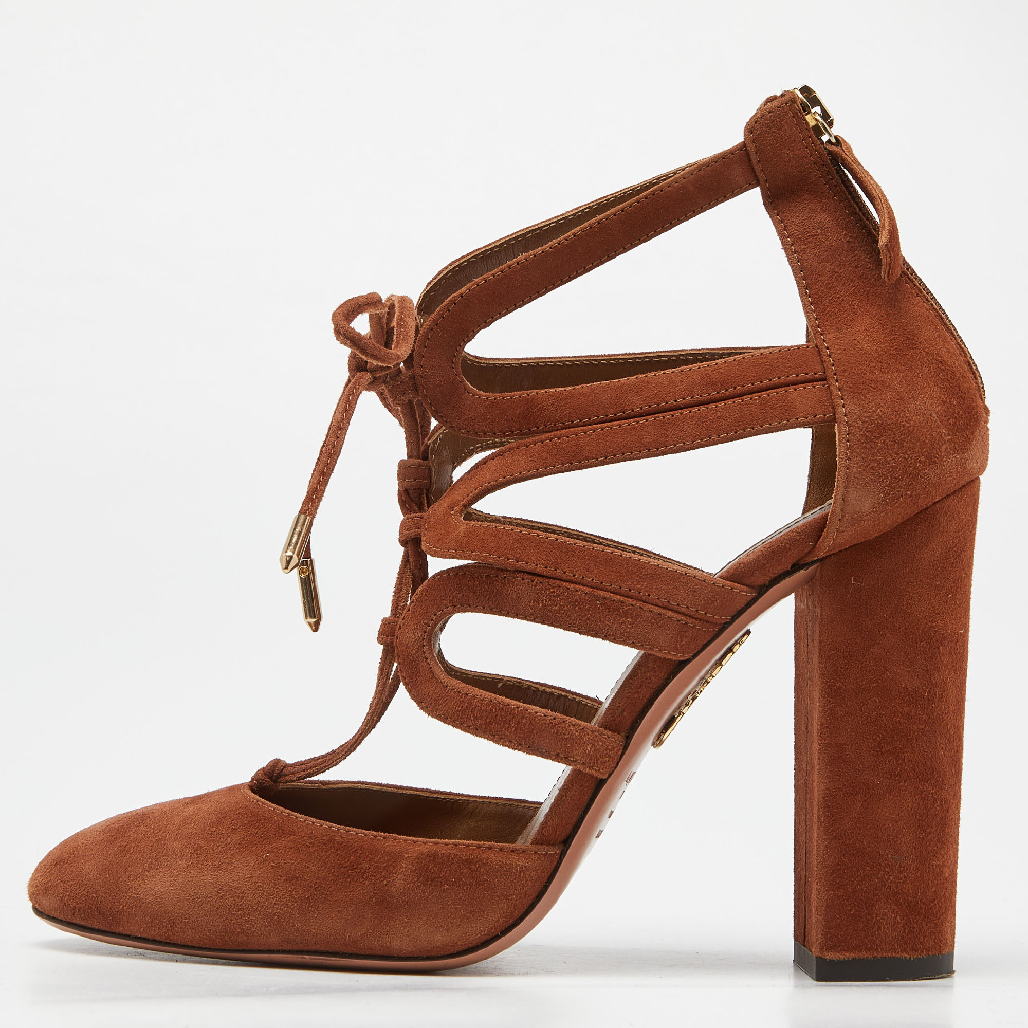 Aquazzura brown suede lace up block heel pumps size 39