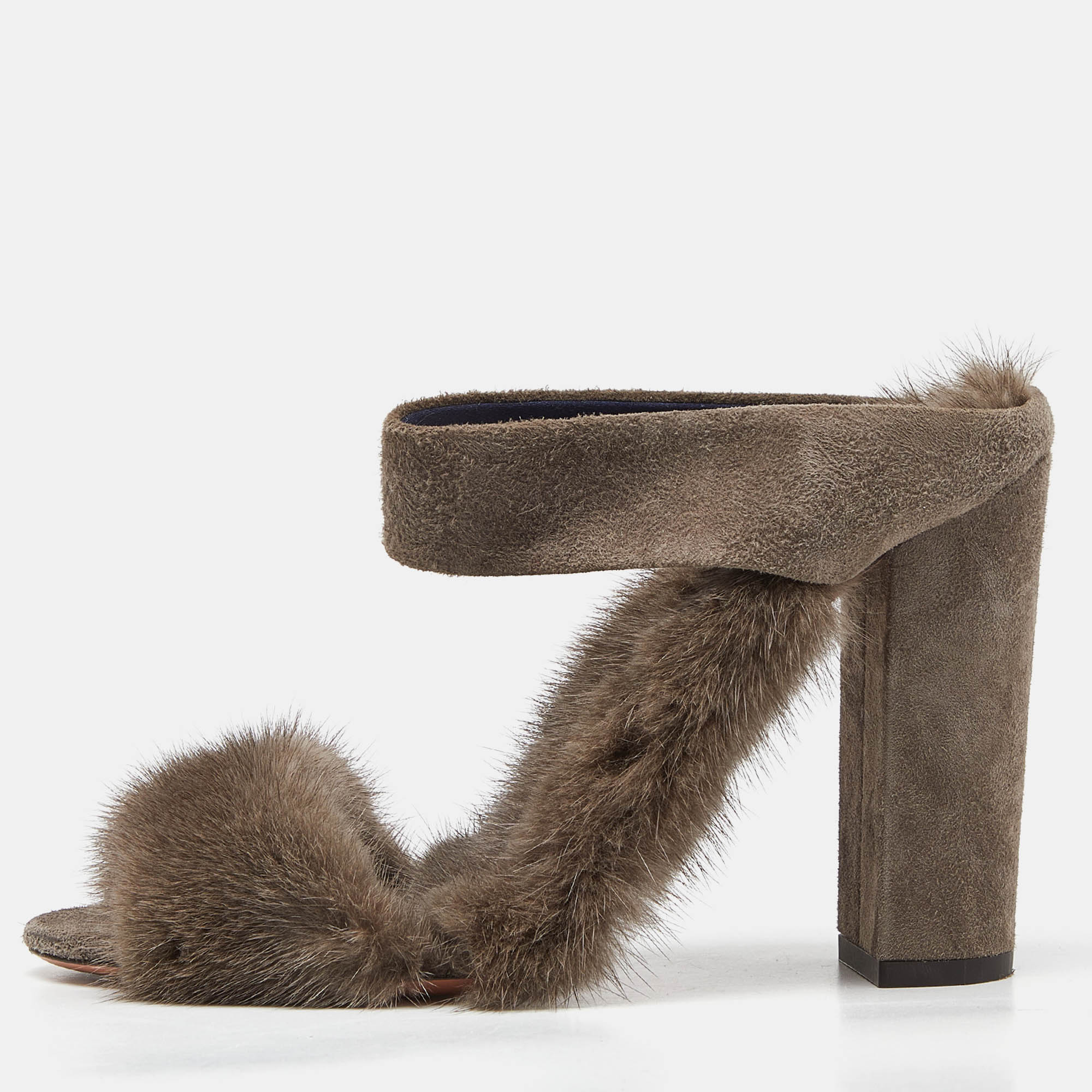 Aquazzura brown mink fur strap slide sandals size 37.5