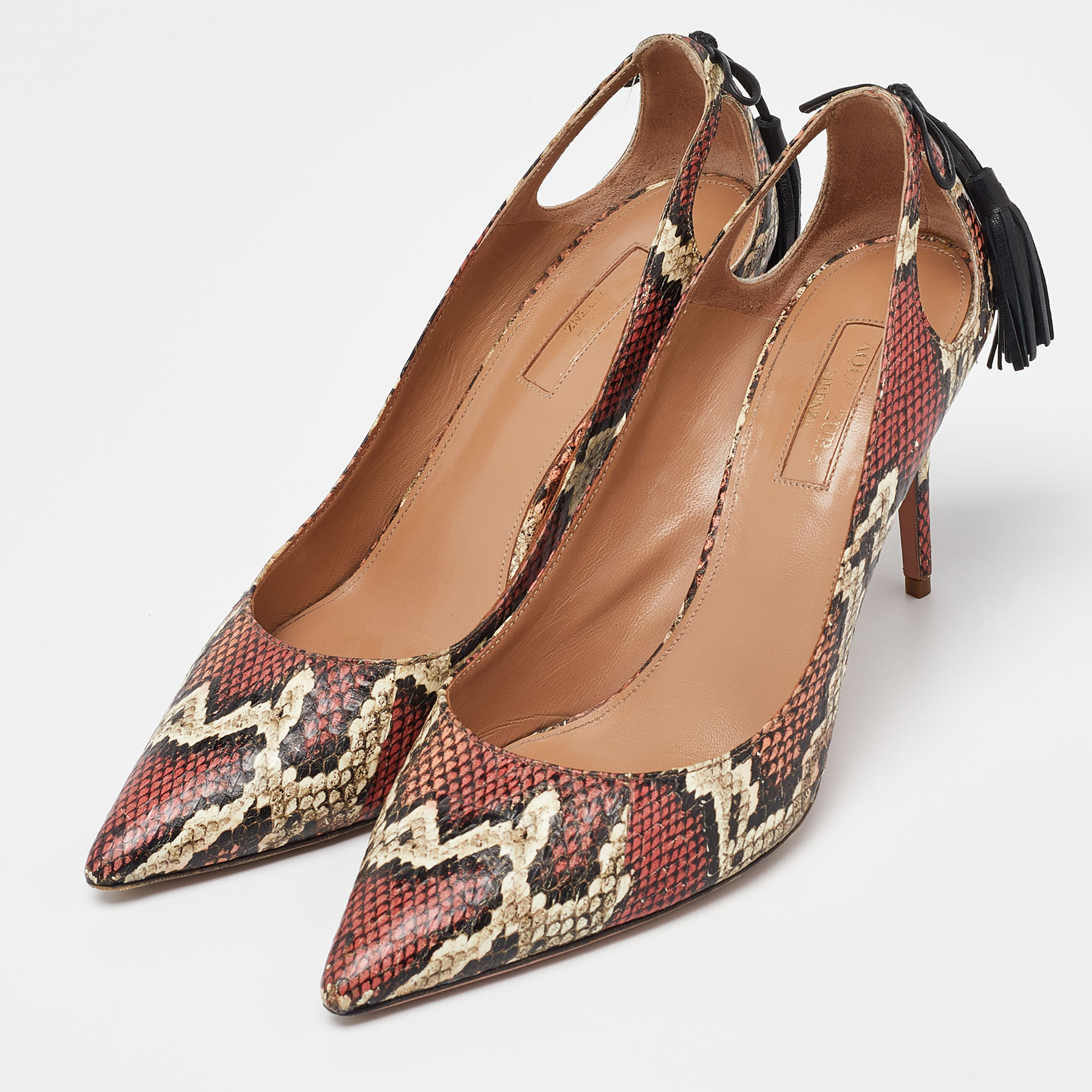 Aquazzura Multicolor Python Leather Forever Marilyn Tassel Detail Pointed Toe Pumps Size 37