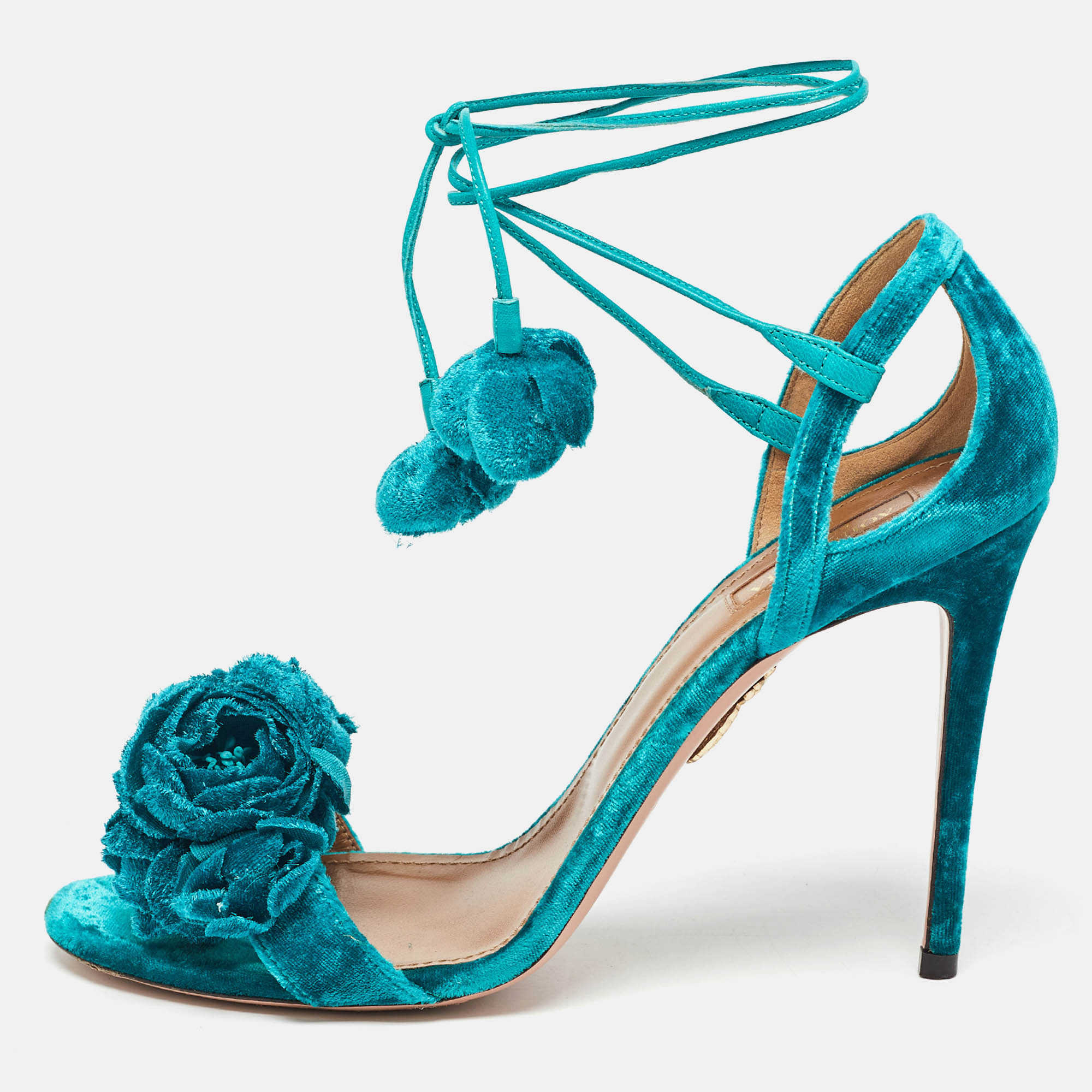 Aquazzura green velvet flower embellished ankle strap sandals size 40.5
