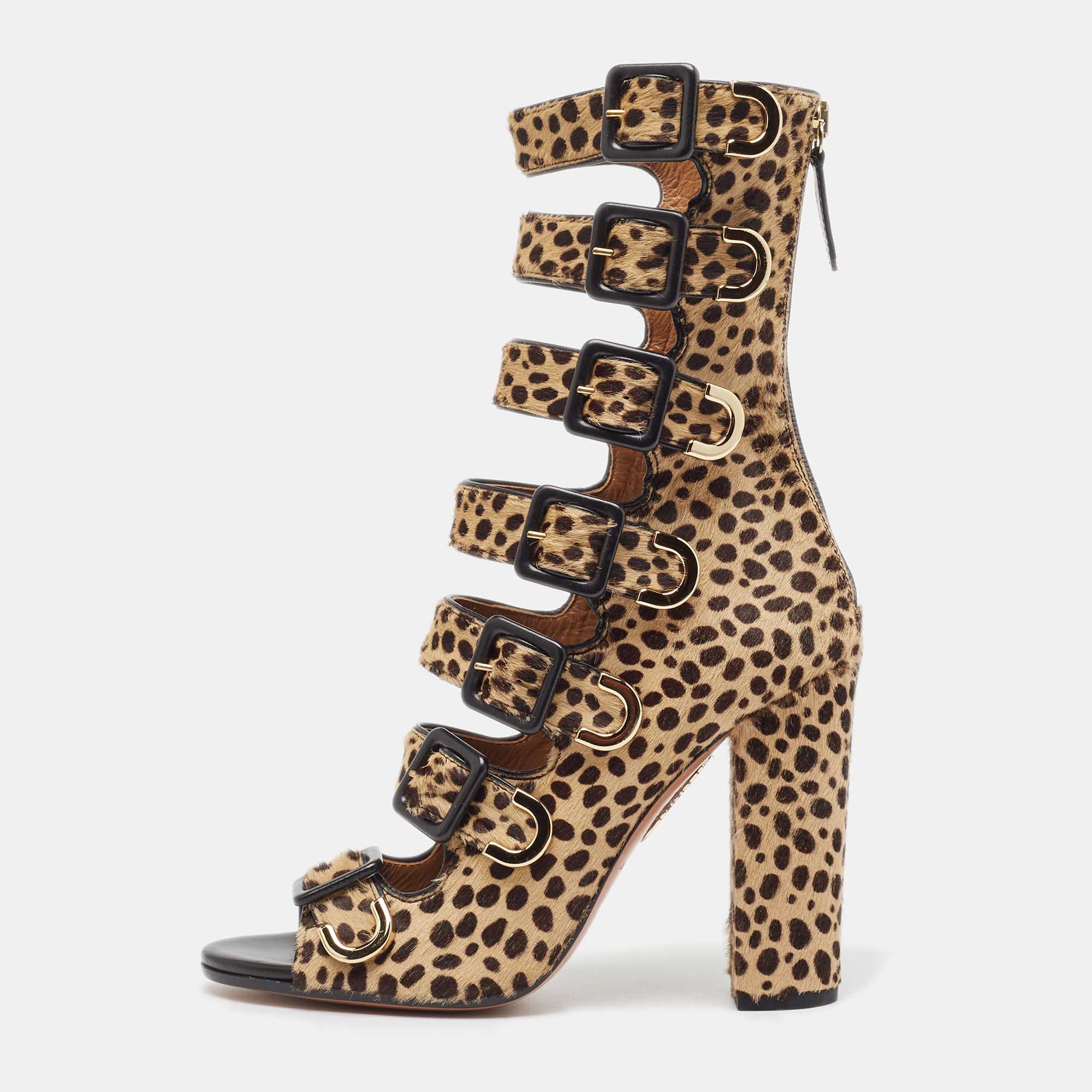 Aquazzura brown/beige calf hair leopard print gladiator sandals size 37