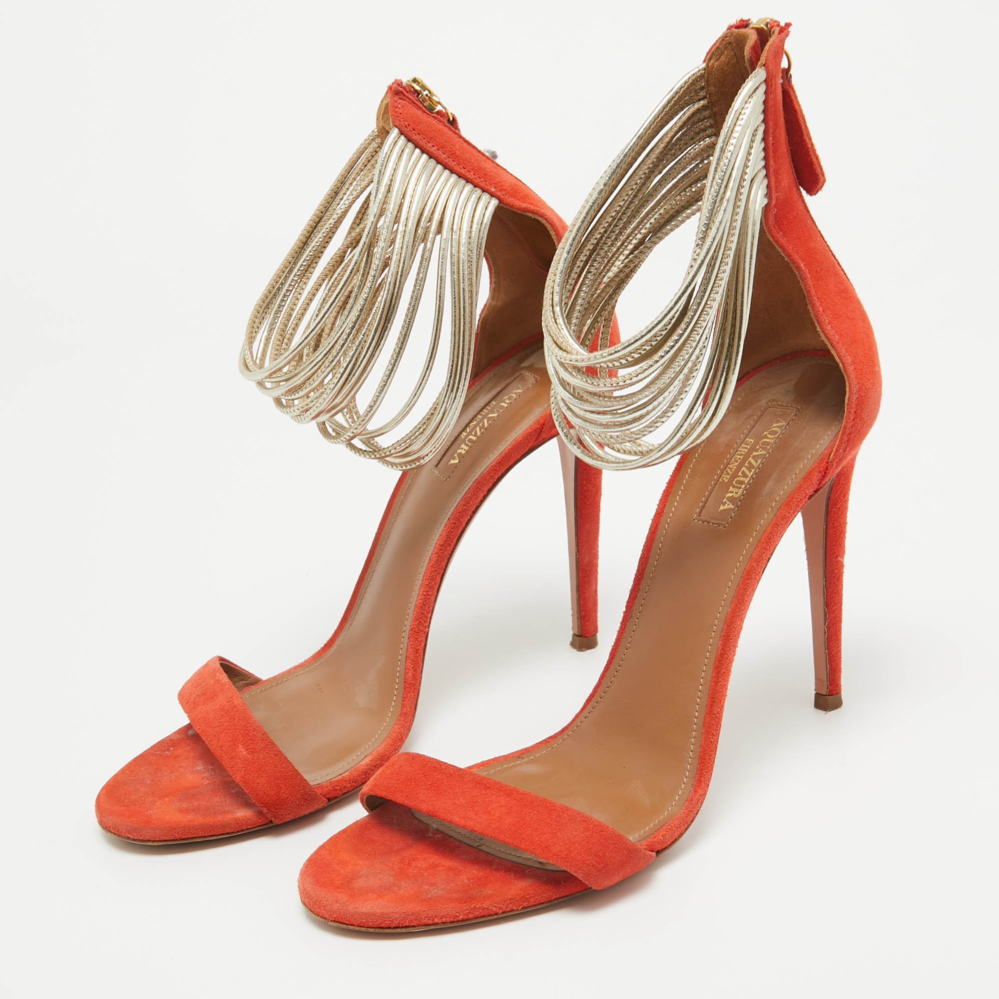 Aquazzura Orange Suede And Leather Ankle Strap Sandals Size 38.5