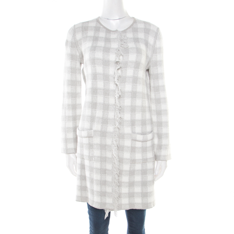 Image of Armani Collezioni Grey and White Checked Fringed Trim Long Cardigan M