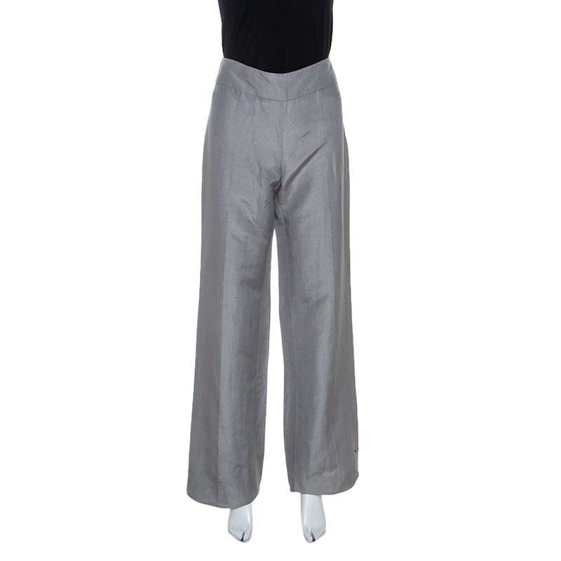 Image of Armani Collezioni Grey Linen Silk Blend Wide Leg Trousers M