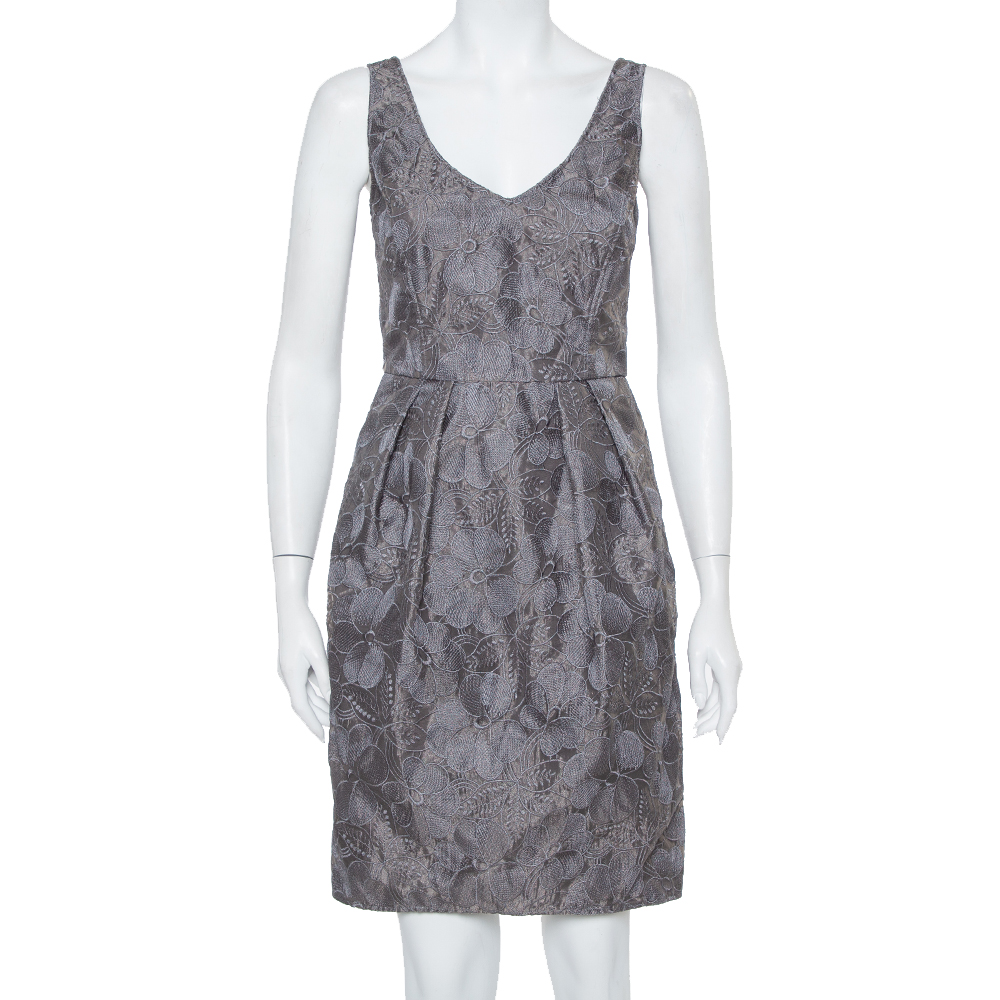Armani Collezioni Grey Floral Embroidered Pleated Organza Dress M
