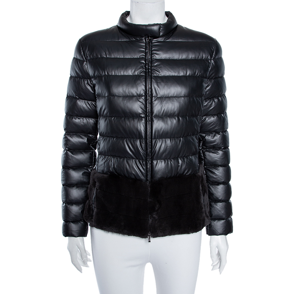 Armani Collezioni Black Down Quilted & Fur Trimmed Zip Front Jacket M