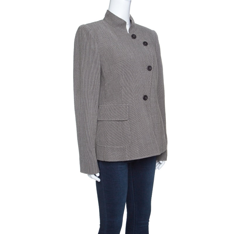 Armani Collezioni Beige and Brown Textured Wool Mandarin Collar Blazer L