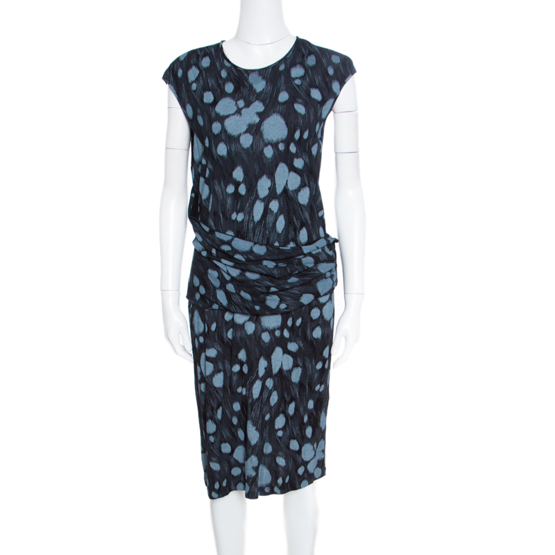 Image of Armani Collezioni Black Printed Jersey Draped Waist Detail Sleeveless Dress XL