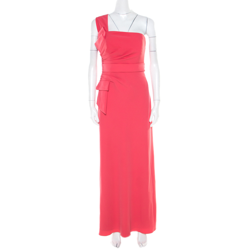 Armani collezioni salamander pink crepe pleated bow trim one shoulder evening gown m