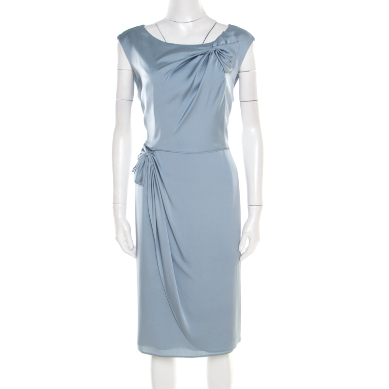 Image of Armani Collezioni Grey Silk Draped Bow Detail Faux Wrap Sleeveless Dress XL