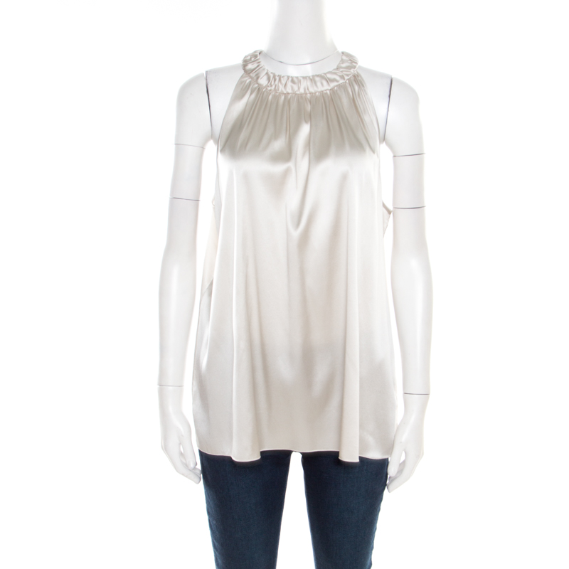 Image of Armani Collezioni Grey Silk Mother of Pearl Button Detail Sleeveless Top L