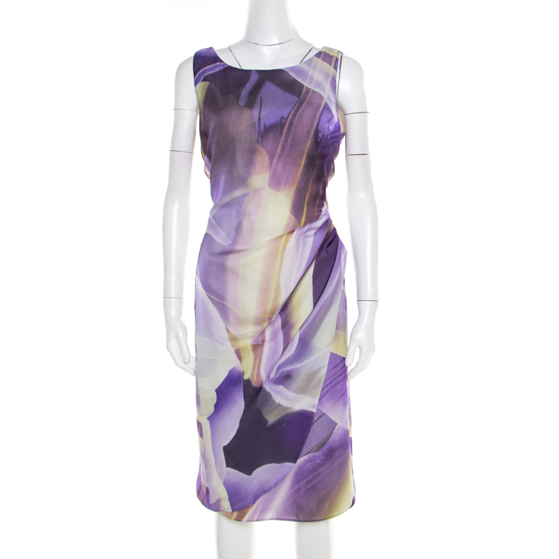 Image of Armani Collezioni Purple Printed Silk Draped Sleeveless Dress L