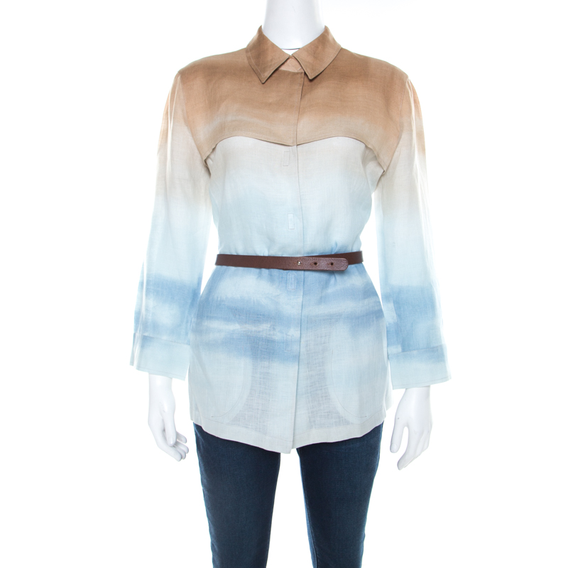 Image of Armani Collezioni Beige Blue Shaded Linen Shirt M