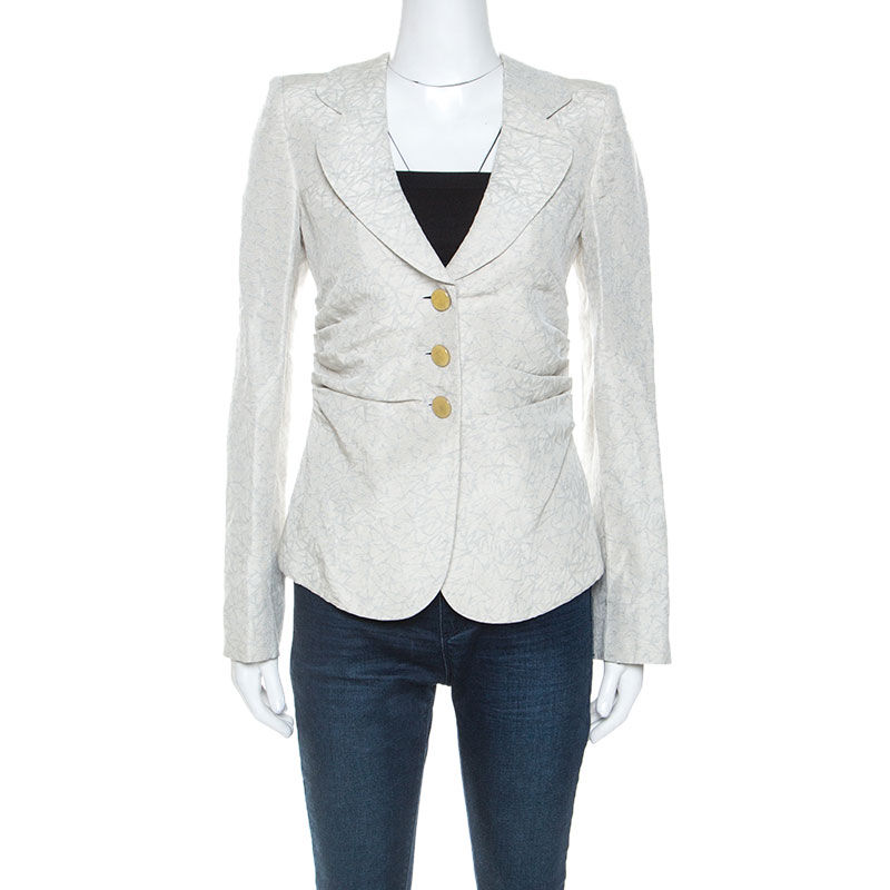 Image of Armani Collezioni Beige Patterned Jacquard Ruched Waist Detail Blazer M