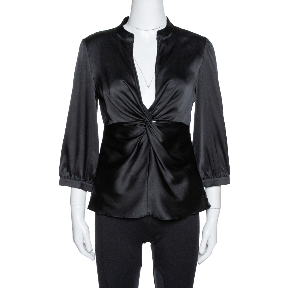 Image of Armani Collezioni Black Silk Satin Twisted Knot Detail Top M