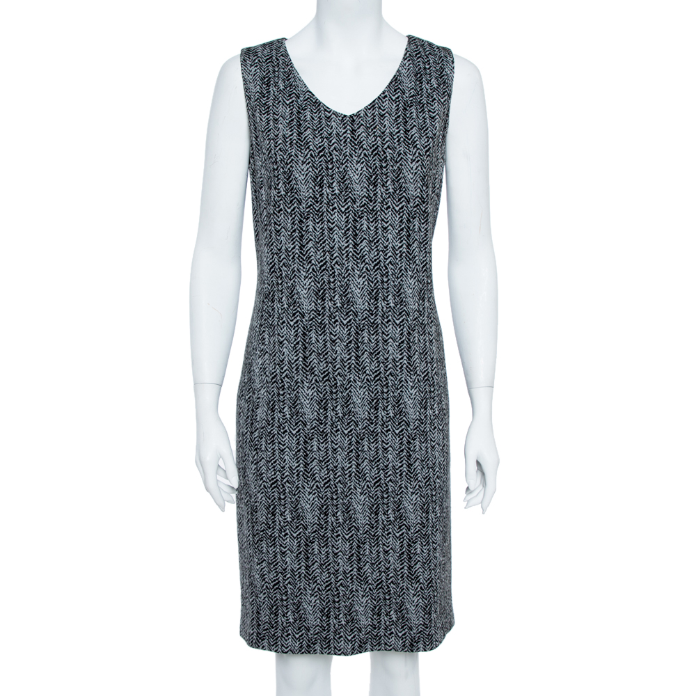 Image of Armani Collezioni Black Cotton Herringbone Jacquard Sheath Sleeveless Dress L