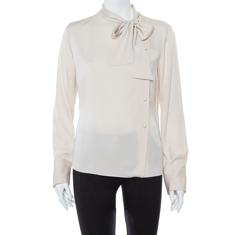 Image of Armani Collezioni Cream Silk Satin Tie Neck Detail Shirt M