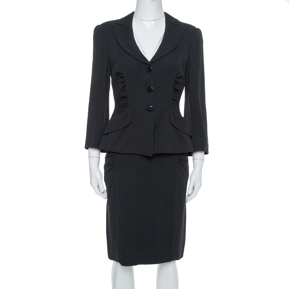 Image of Armani Collezioni Black Crepe Ruched Detail Blazer & Fitted Skirt Set M