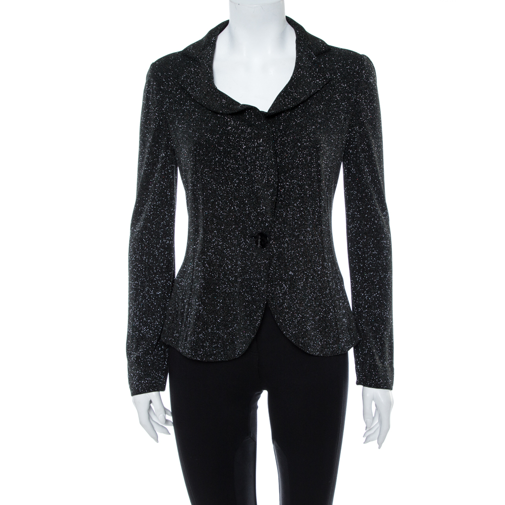 Image of Armani Collezioni Black Embellished Jersey Ruffle Lapel Detail Blazer M