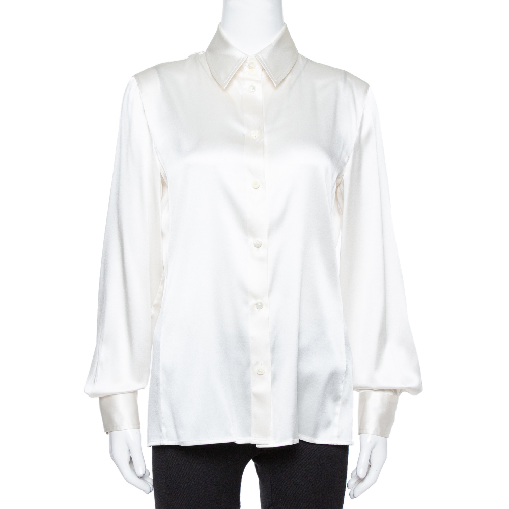 Image of Armani Collezioni Cream Silk Satin Long Sleeve Blouse M