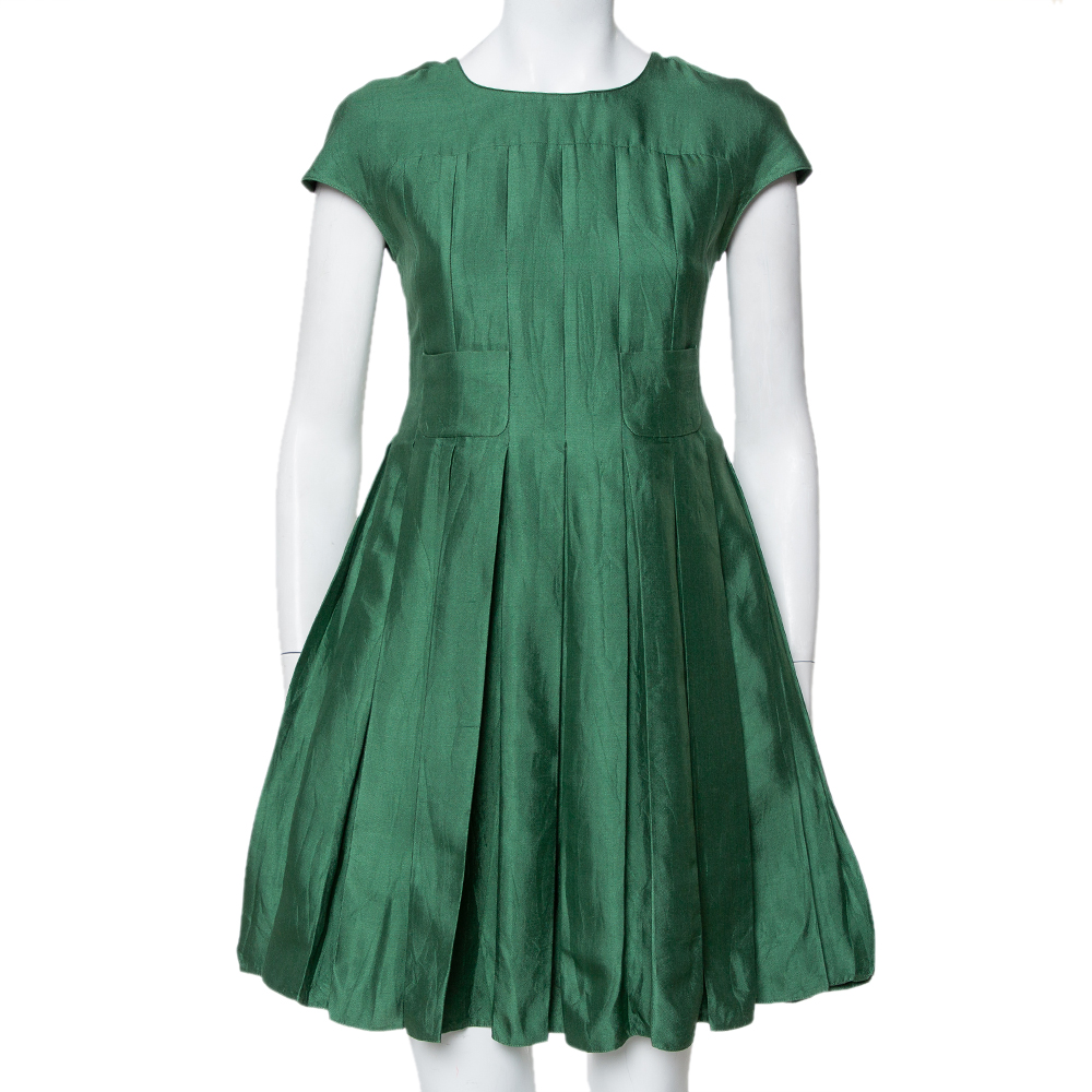 Armani Collezioni Green Cotton Silk Box Pleated Short Dress S