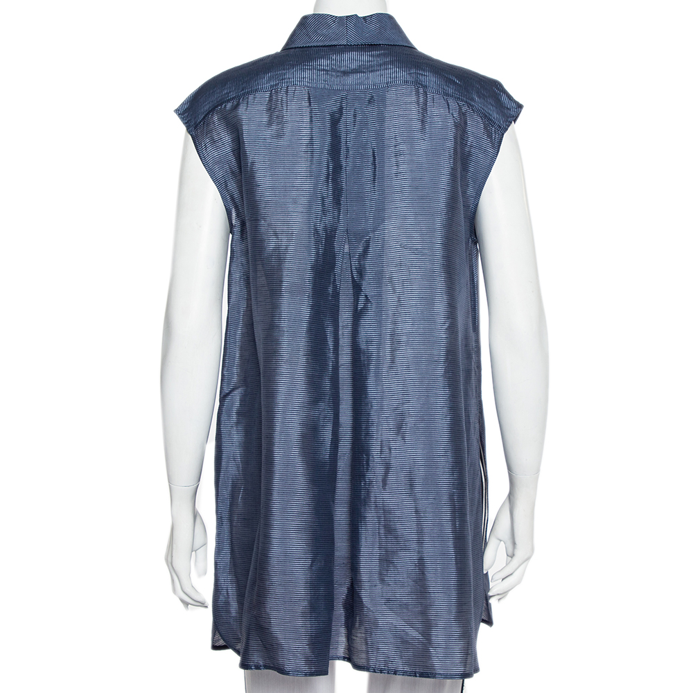 Armani Collezioni Navy Blue Striped Linen & Silk Sleeveless Long Shirt M