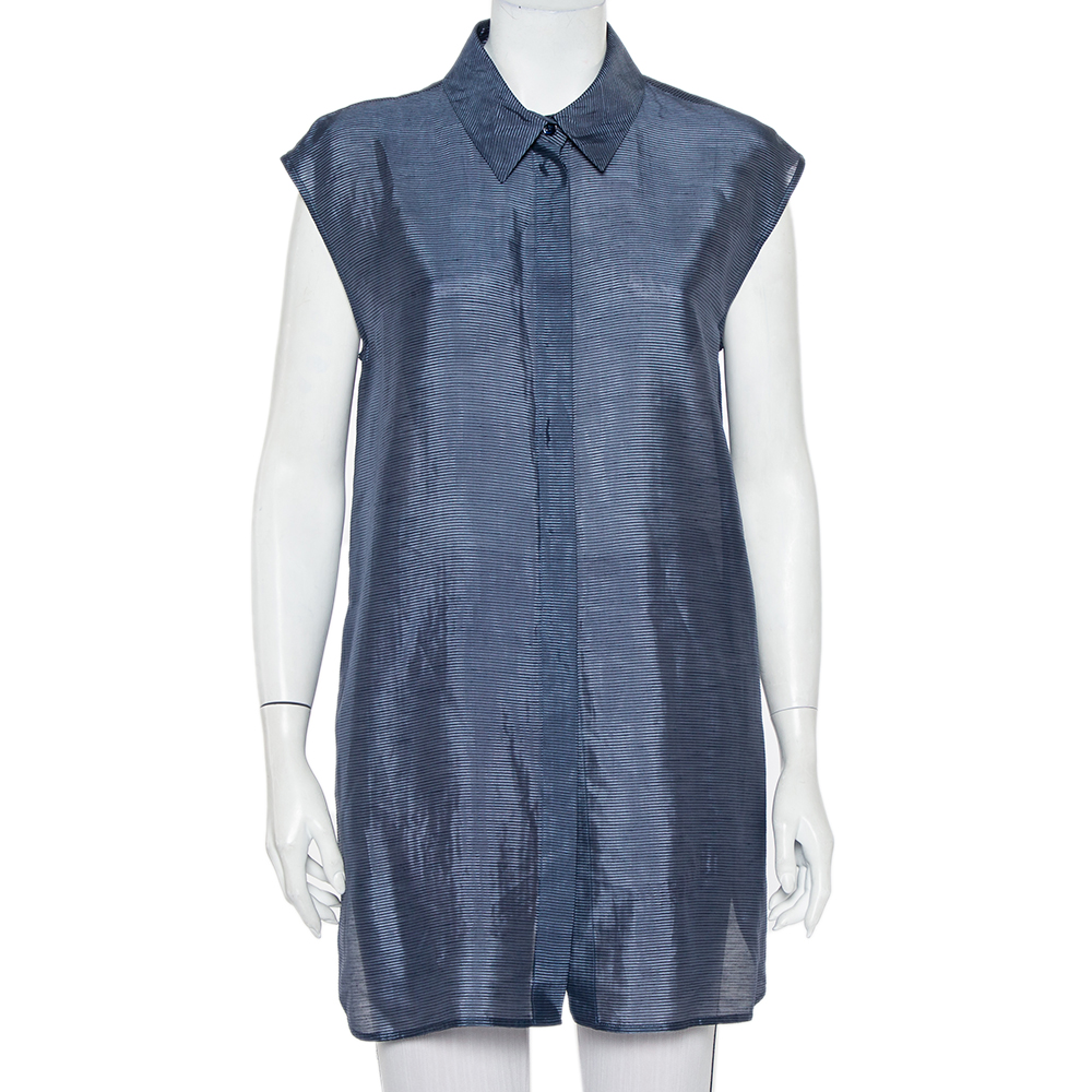 Armani collezioni navy blue striped linen & silk sleeveless long shirt m