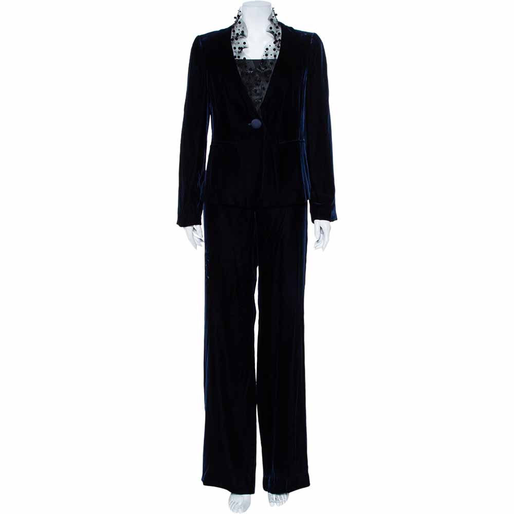 Armani Collezioni Midnight Blue Velvet Embellished Mesh Collar Blazer & Wide Leg Pants L