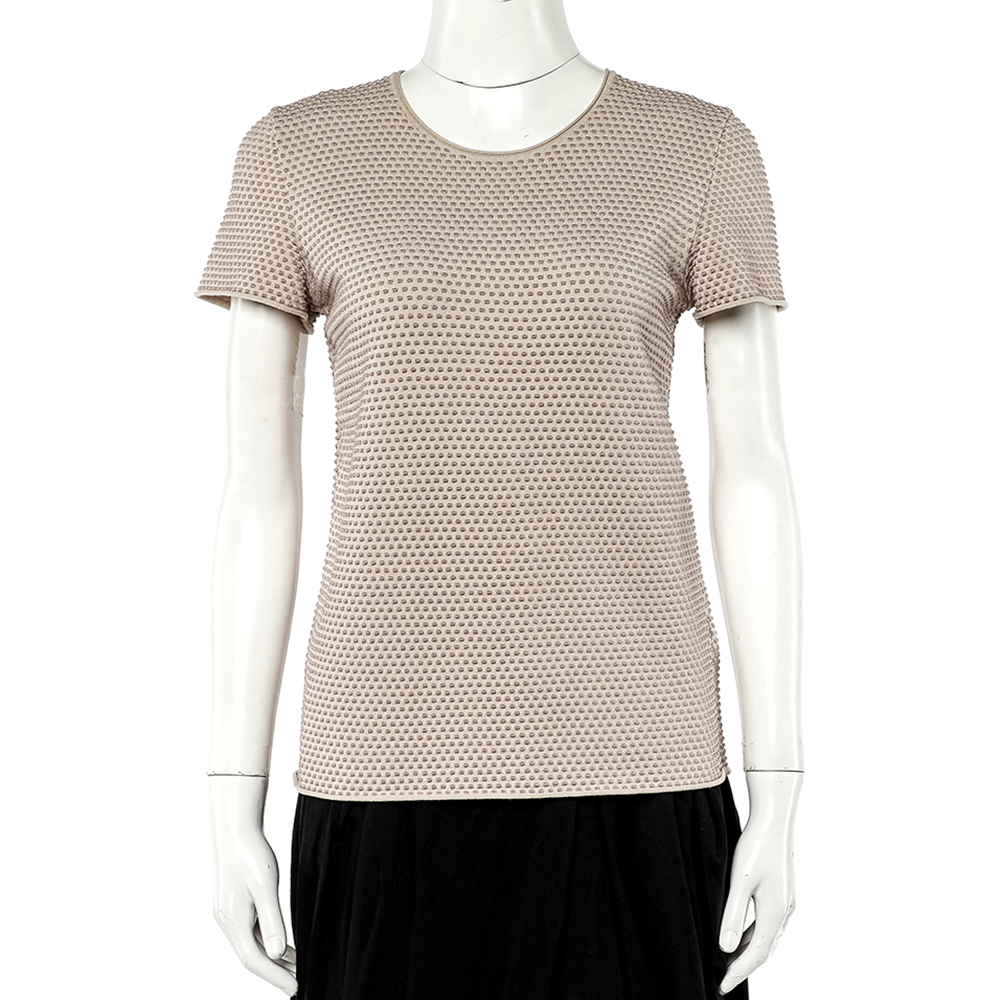 Armani Collezioni Beige Embossed Knit Short Sleeve Top L