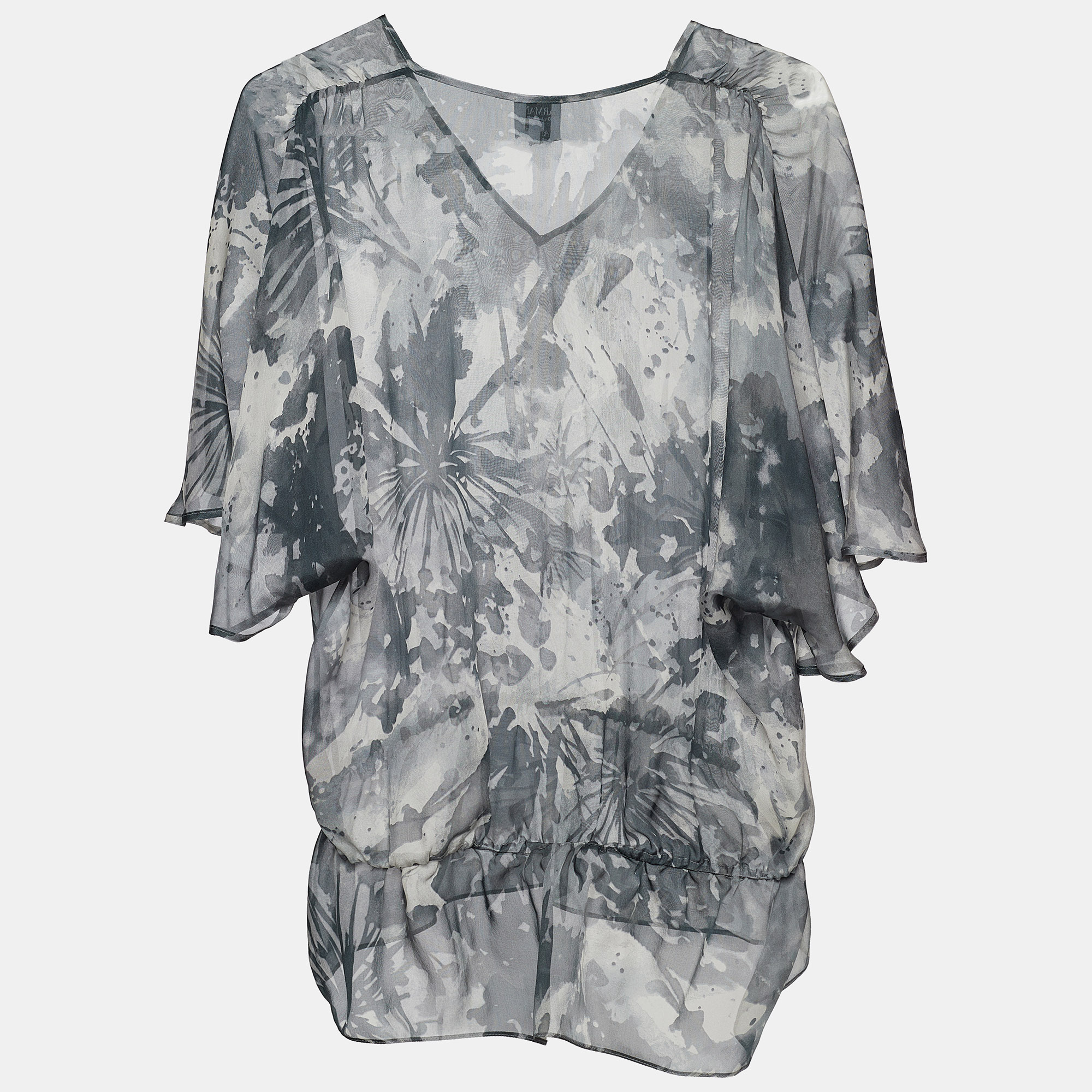 Armani Collezioni Grey Abstract Print Silk Sheer Blouse M