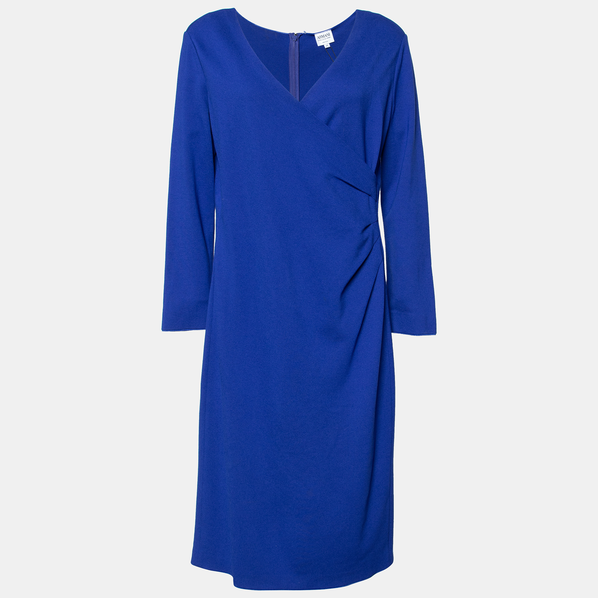 Armani Collezioni Blue Pleated Detail Faux Wrap Midi Dress L