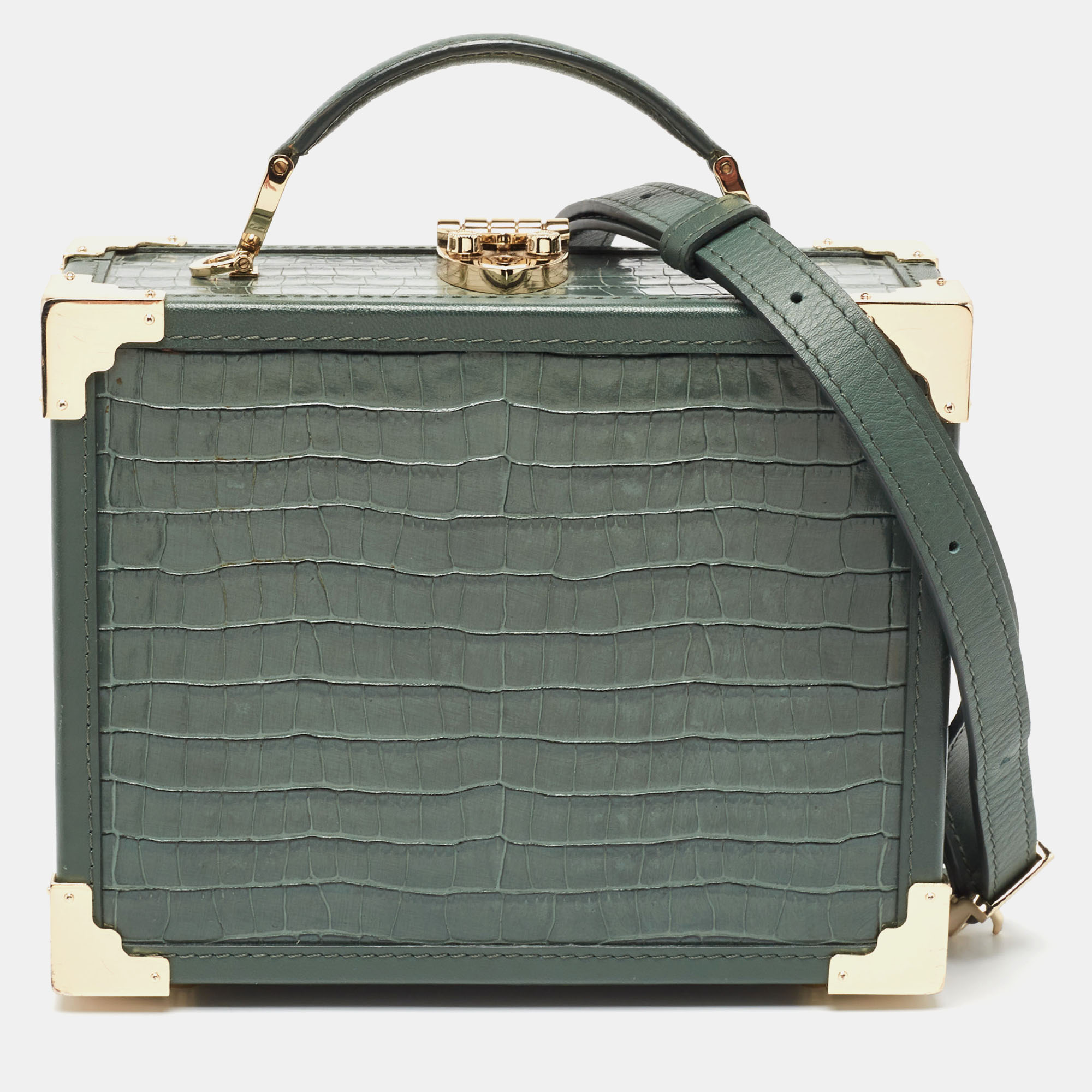 Aspinal of london green croc embossed leather trinket top handle bag