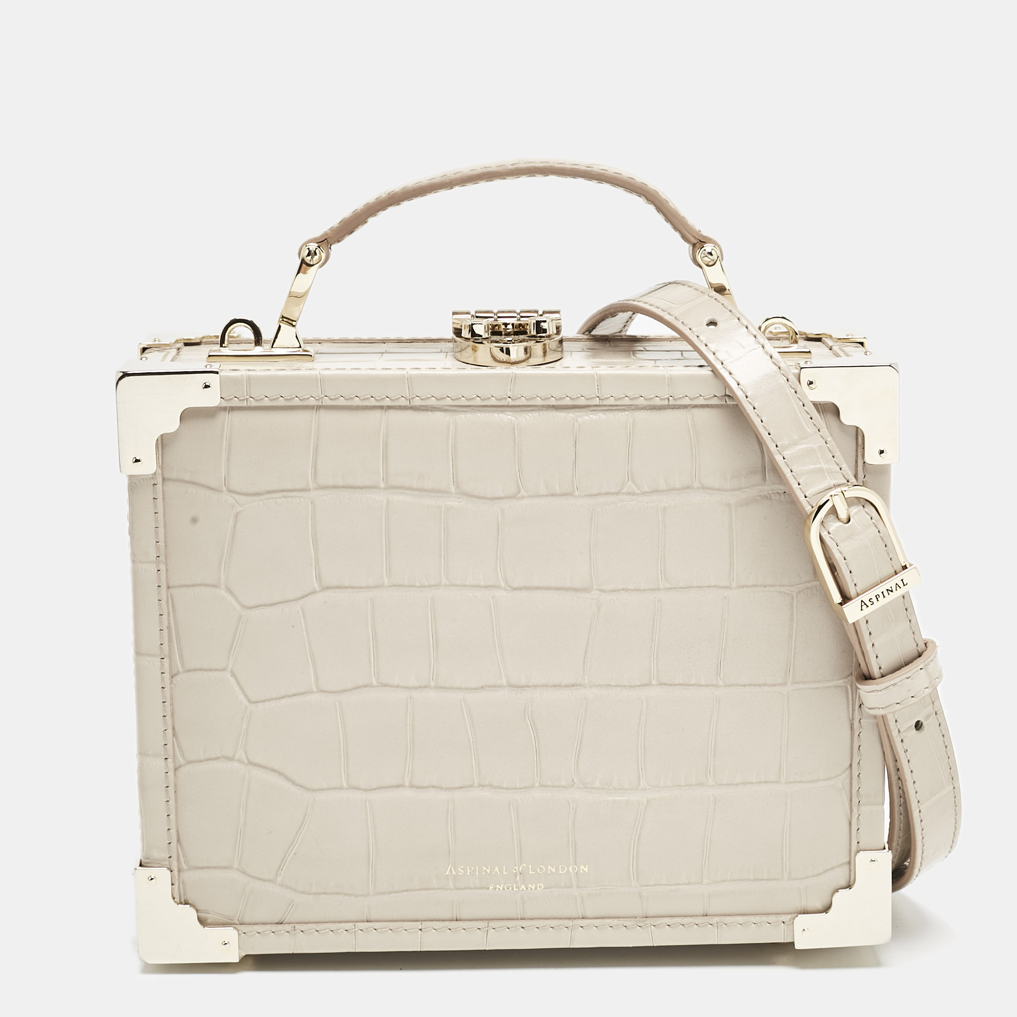 Aspinal Of London Light Beige Croc Embossed Leather Trunk Top Handle Bag
Aspinal Of London Light Beige Croc Embossed Leather Trunk Top Handle Bag