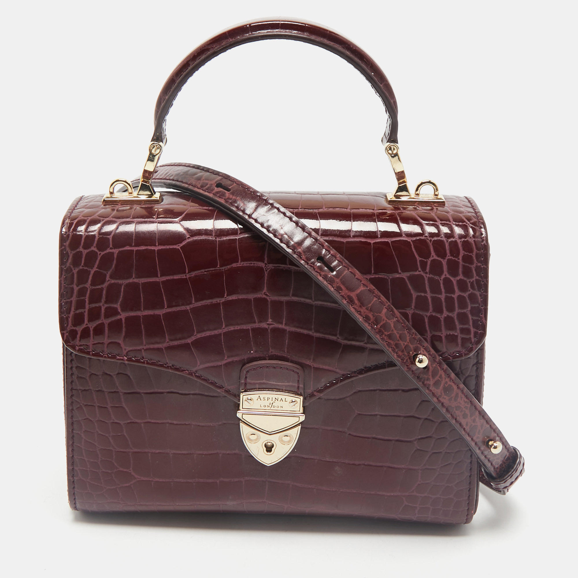 Aspinal of London Burgundy Croc Embossed Leather Small Mayfair Top Handle Bag
Aspinal of London Burgundy Croc Embossed Leather Small Mayfair Top Handle Bag