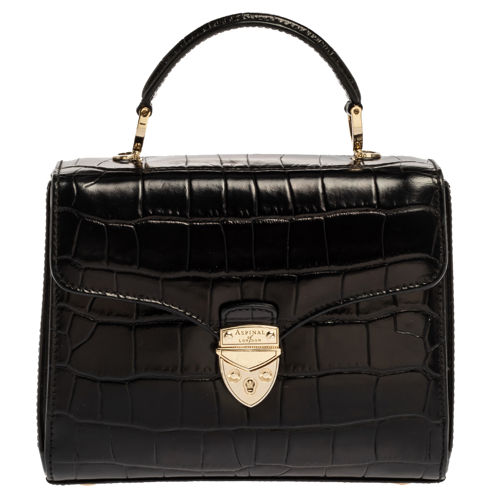 Image of Aspinal of London Black Croc Embossed Leather Small Mayfair Top Handle Bag