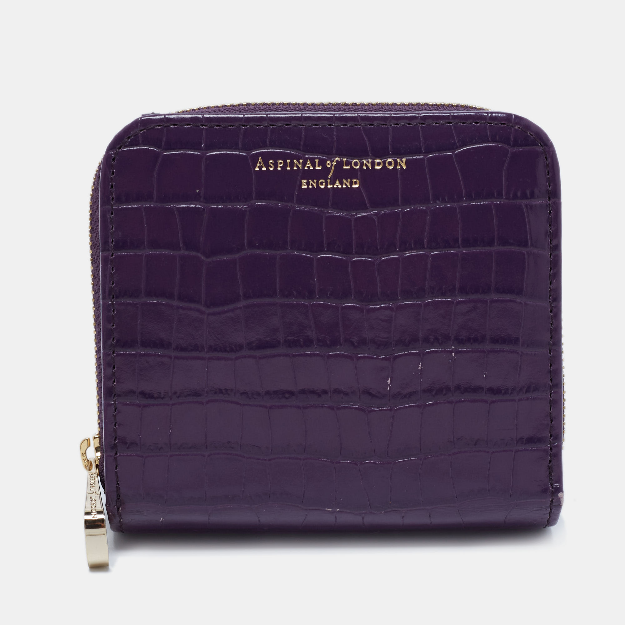 Aspinal Of London Purple Croc Embossed Leather Zip Around Compact Wallet