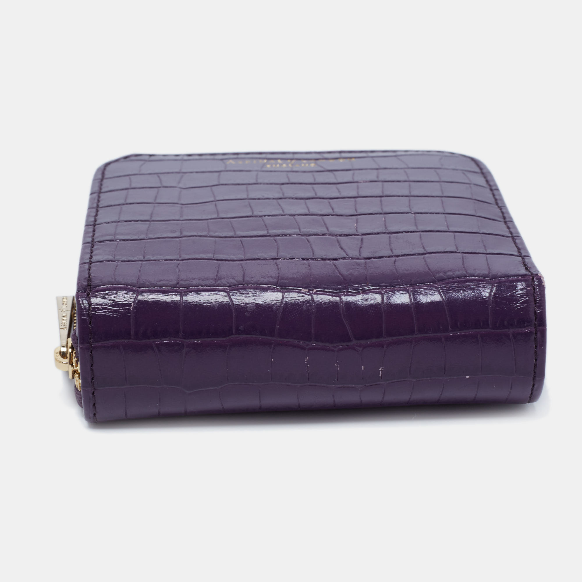 Aspinal Of London Purple Croc Embossed Leather Zip Around Compact Wallet