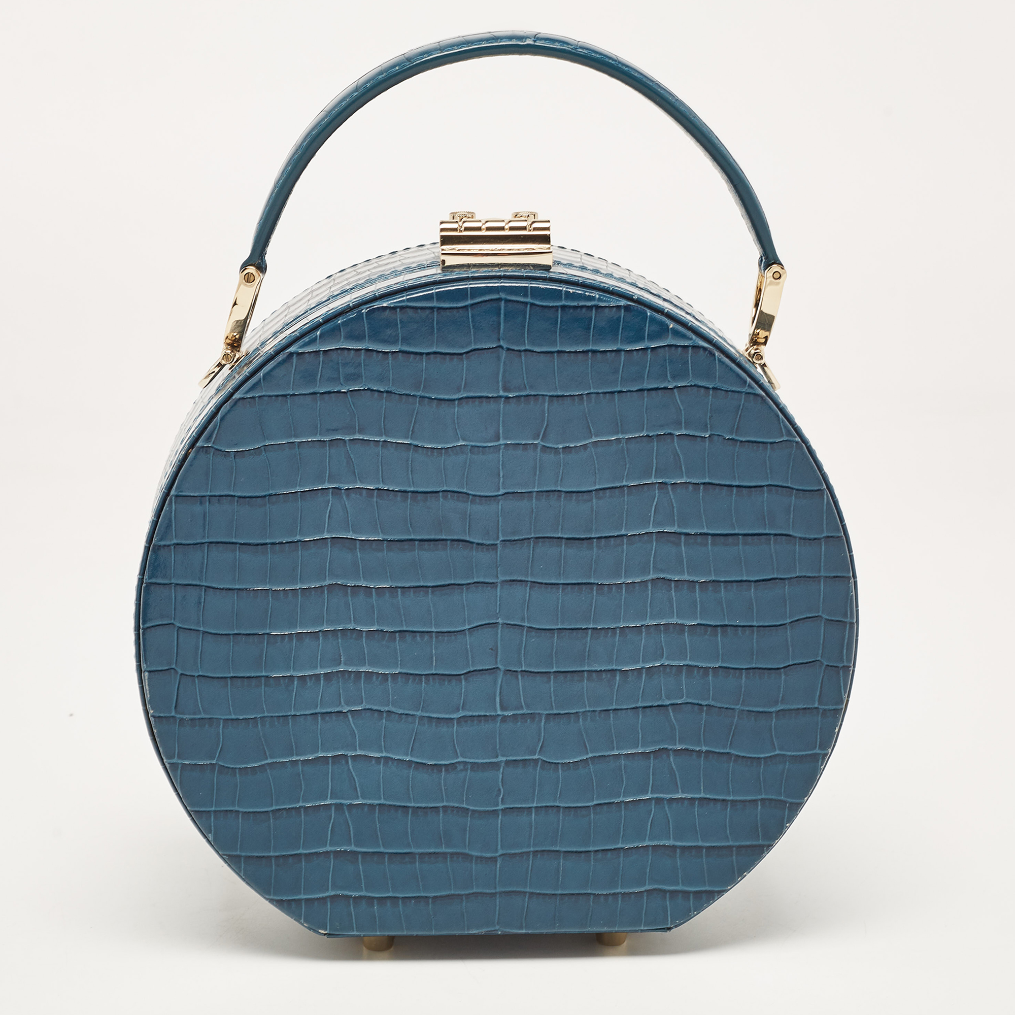 Aspinal Of London Teal Blue Croc Embossed Leather Hat Box Shoulder Bag