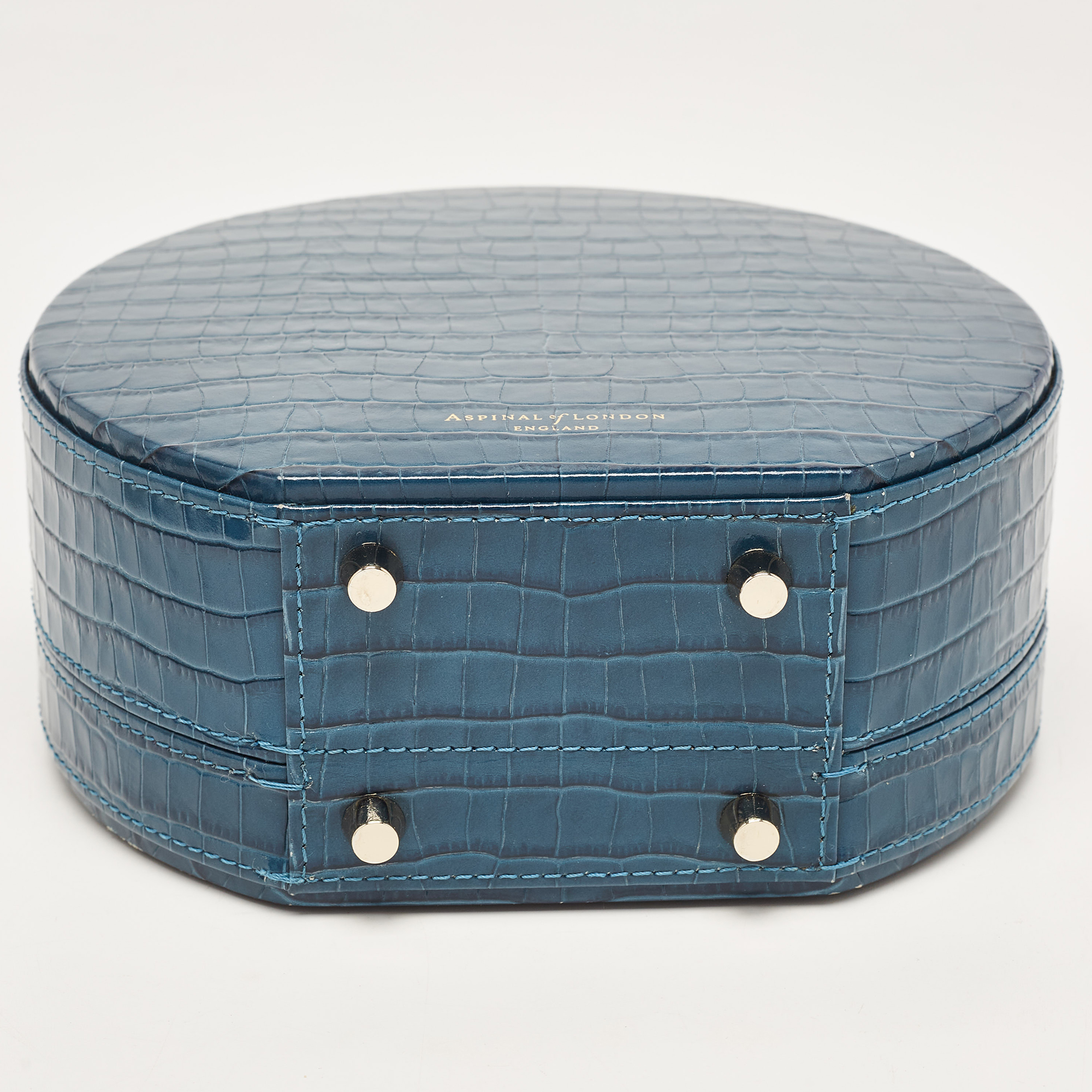 Aspinal Of London Teal Blue Croc Embossed Leather Hat Box Shoulder Bag